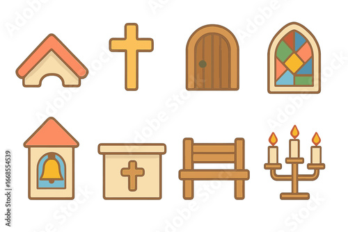 Religious Icons for Kids. Flat vector mini-illustrations Religious building features in colors children's illustrations: chapel