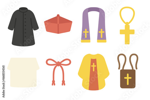 Religious Clothing Icons. Flat vector mini-illustrations religious clothing items in colors children's illustrations: cassock,