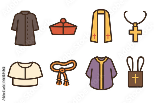 Religious Clothing Icons. Flat vector mini-illustrations religious clothing items in colors children's illustrations: cassock,