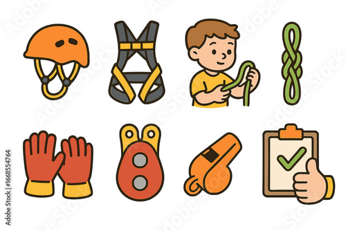 Safety Gear Icons. Flat vector mini-illustrations rope safety in colors children's illustrations: helmet, harness, child
