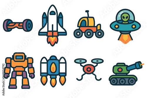 Sci-Fi Vehicle Icons. Flat vector mini-illustrations sci-fi vehicles in colors children's illustrations: hoverboard, space shuttle