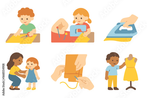 Sewing Process Icons. Flat vector mini-illustrations atelier sewing process in colors children's illustrations: fabric cutting,
