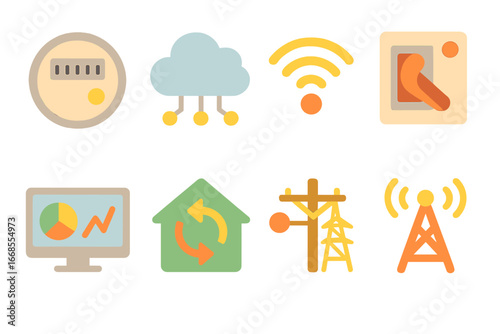 Smart Grid Icons. Flat vector mini-illustrations smart grid technology in colors children's illustrations: smart meter, data cloud