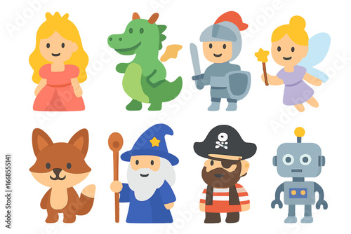 Storybook Characters Grid. Flat vector mini-illustrations story characters in colors children's illustrations: princess, dragon,