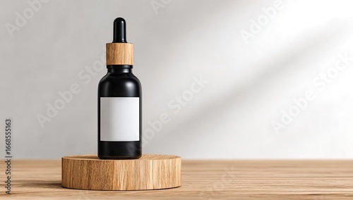 Elegant black serum bottle on wooden pedestal