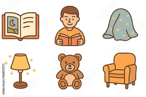 Storytime Cozy Icons. Flat vector mini-illustrations storytime in colors children's illustrations: open storybook, storyteller,
