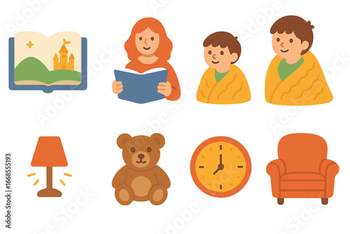 Storytime Cozy Icons. Flat vector mini-illustrations storytime in colors children's illustrations: open storybook, storyteller,