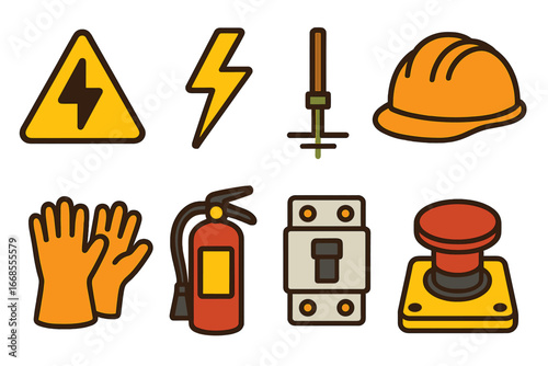 Transformer Safety Icons. Flat vector mini-illustrations transformer safety in colors children's illustrations: warning sign,