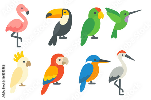 Tropical Bird Icons. Flat vector mini-illustrations tropical birds in colors children's illustrations: flamingo, toucan, parrot,