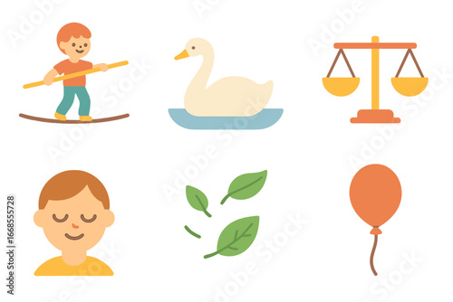 Whimsical Balance Icons. Flat vector mini-illustrations poise in colors children's illustrations: tightrope walker, swan, standing