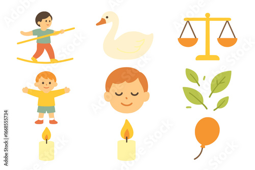Whimsical Balance Icons. Flat vector mini-illustrations poise in colors children's illustrations: tightrope walker, swan, standing