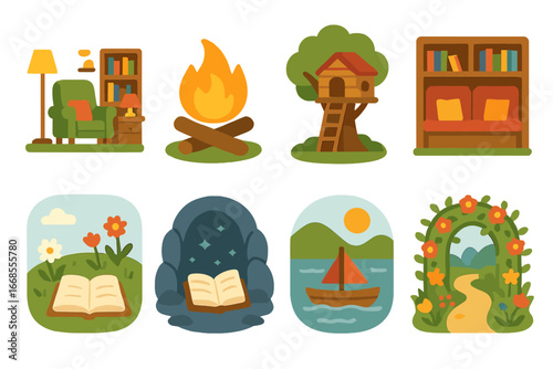 Whimsical Storytime Icons. Flat vector mini-illustrations storytime settings in colors children's illustrations: cozy room,