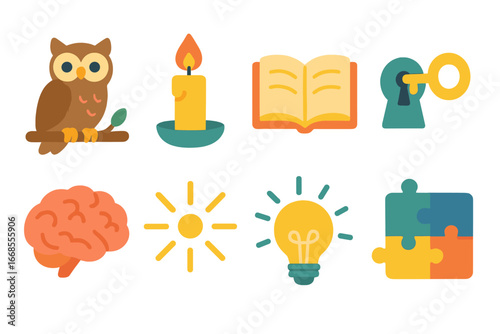 Wisdom Icons for Kids. Flat vector mini-illustrations symbols of wisdom in colors children's illustrations: owl on branch, candle
