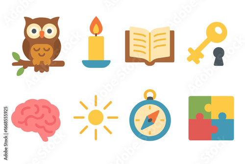 Wisdom Icons for Kids. Flat vector mini-illustrations symbols of wisdom in colors children's illustrations: owl on branch, candle
