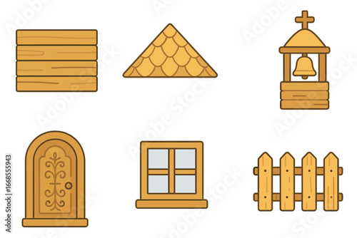 Wooden Church Elements. Flat vector mini-illustrations Elements of wooden churches in colors children's illustrations: wooden