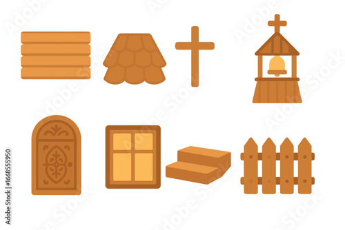 Wooden Church Elements. Flat vector mini-illustrations Elements of wooden churches in colors children's illustrations: wooden
