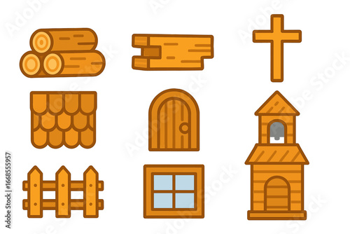 Wooden Church Icons. Flat vector mini-illustrations Wooden church construction in colors children's illustrations: wooden logs,
