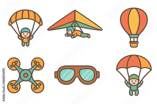 Aerial Sports Icons. Flat vector mini-illustrations aerial sports in colors children's illustrations: paraglider, hang glider,