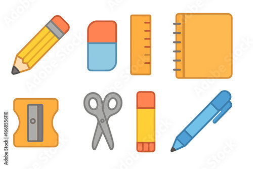 Affordable Stationery Icons. Flat vector mini-illustrations low-price stationery in colors children's illustrations: simple pencil