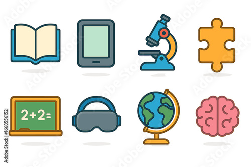 Alternative Learning Icons. Flat vector mini-illustrations alternative learning in colors children's illustrations: book, tablet,