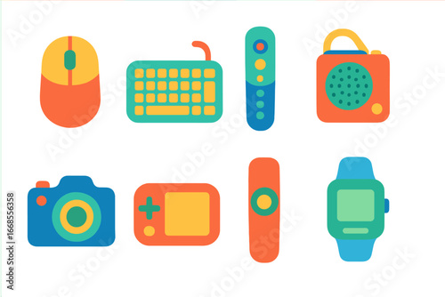 Battery-Powered Gadgets Grid. Flat vector mini-illustrations battery-powered gadgets in colors children's illustrations: wireless