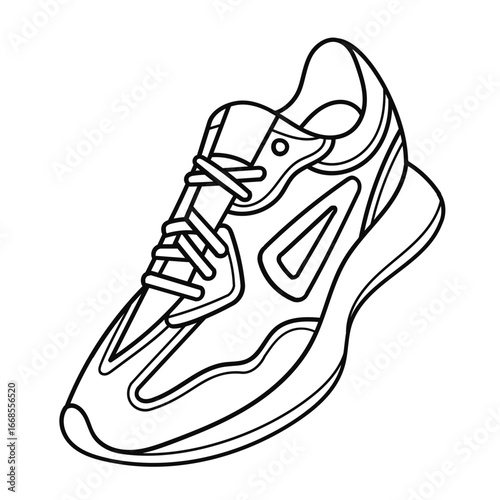 Detailed line art illustration of a modern athletic running shoe, isolated.