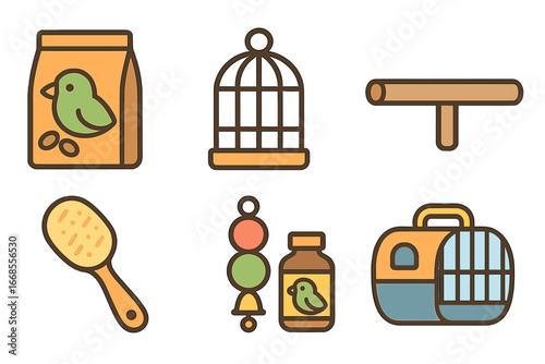 Bird Care Essentials. Flat vector mini-illustrations pet care for birds in colors children's illustrations: bird food, water bowl,