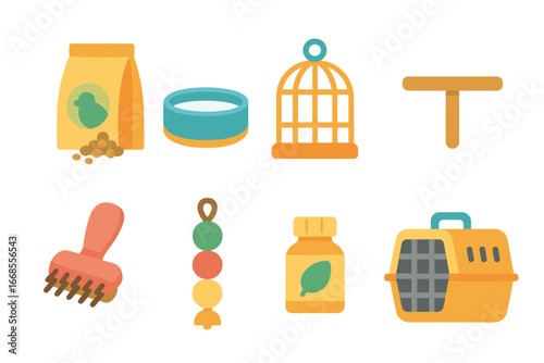 Bird Care Essentials. Flat vector mini-illustrations pet care for birds in colors children's illustrations: bird food, water bowl,
