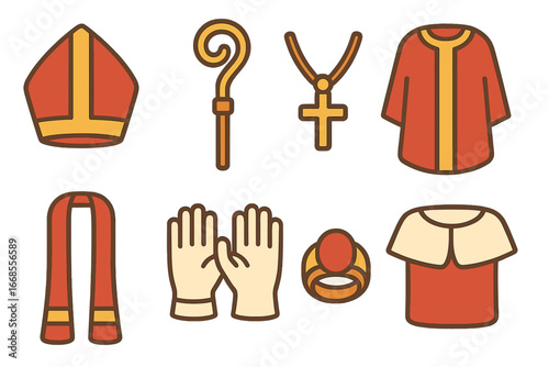 Bishop's Vestments Icons. Flat vector mini-illustrations Bishop’s vestments in colors children's illustrations: mitre, crozier,