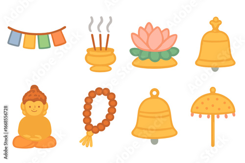 Buddhist Temple Icons. Flat vector mini-illustrations Buddhist temple objects in colors children's illustrations: prayer flag,