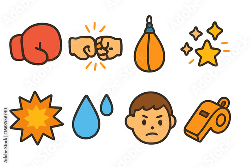 Boxing Icons for Kids. Flat vector mini-illustrations punch in colors children's illustrations: boxing glove, fist bump, punching
