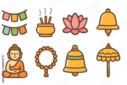 Buddhist Temple Icons. Flat vector mini-illustrations Buddhist temple objects in colors children's illustrations: prayer flag,
