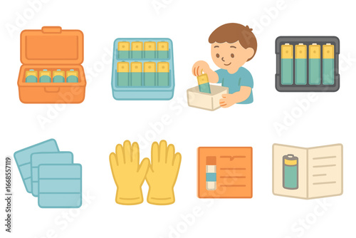 Child's Battery Organizer. Flat vector mini-illustrations battery storage in colors children's illustrations: battery box, AA