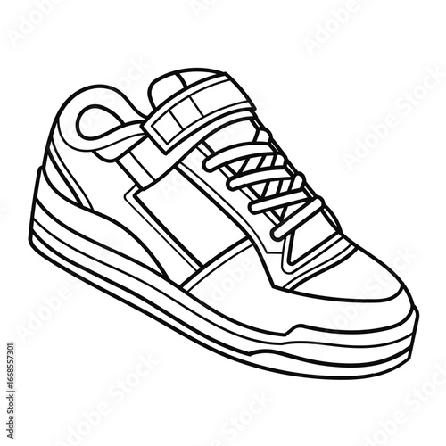 A black and white line drawing of a sneaker with laces and a velcro strap.
