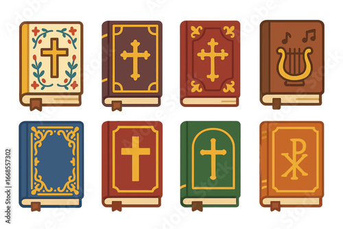 Childlike Church Book Icons. Flat vector mini-illustrations Illustrated church books in colors children's illustrations: