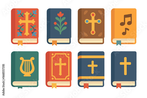 Childlike Church Book Icons. Flat vector mini-illustrations Illustrated church books in colors children's illustrations: