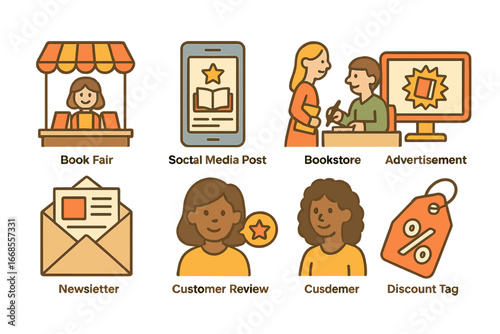 Childlike Marketing Icons. Flat vector mini-illustrations marketing and sales in colors children's illustrations: book fair,
