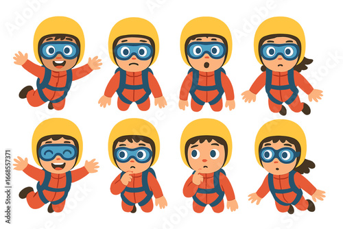 Children Skydiving Emotions. Flat vector mini-illustrations skydiving emotions in colors children's illustrations: excited child,