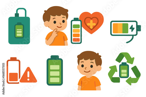 Children's Battery Icons. Flat vector mini-illustrations battery life in colors children's illustrations: power bank full charge,