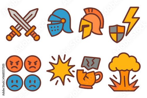 Children's Battle Icons. Flat vector mini-illustrations clash in colors children's illustrations: crossed swords, helmets, shields