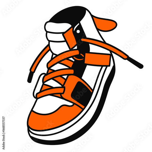 An illustrated high-top sneaker in vibrant orange, white, and black colors with untied laces, depicted on a clean white background.