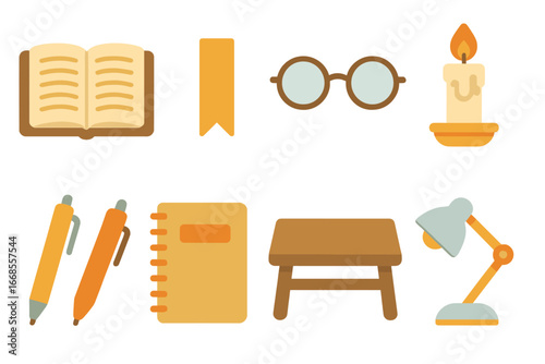 Children's Bible Icons. Flat vector mini-illustrations sermon book in colors children's illustrations: open bible, bookmark,