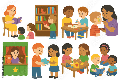 Children's Book Fair Icons. Flat vector mini-illustrations book fair activities in colors children's illustrations: storytelling