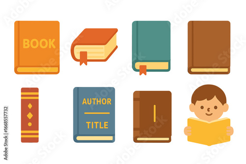 Children's Book Icons. Flat vector mini-illustrations hardcover book details in colors children's illustrations: embossed letters,