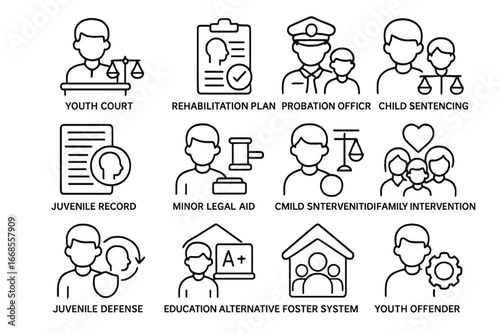 Juvenile Justice Icons. Line style icons of juvenile justice: youth court icon, rehabilitation plan, probation officer icon,