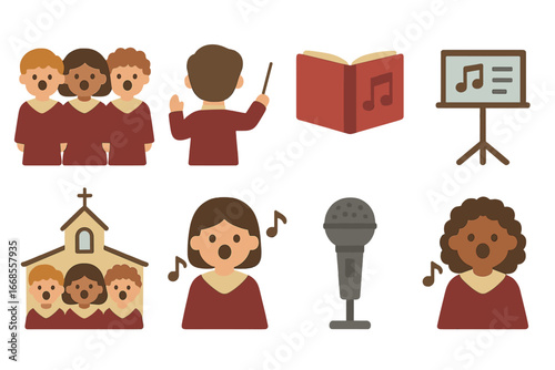 Children's Choir Icons. Flat vector mini-illustrations hymn group in colors children's illustrations: choir members, conductor,