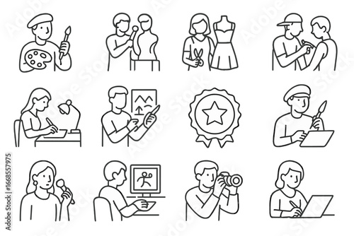 Creative Careers Icons. Line style icons of creative careers: painter with brush, sculptor icon, fashion designer, tattoo artist