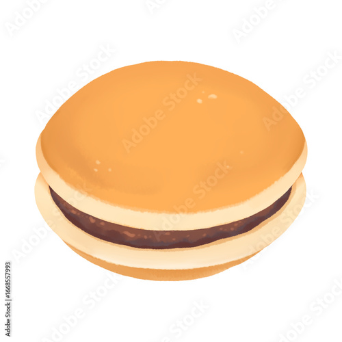 A delectable Japanese confectionery, a round, golden-brown pancake with a sweet filling.