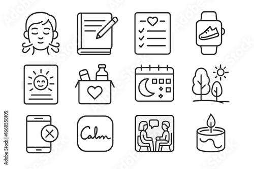 Mental Wellness Icons. Line style icons of mental wellness activities: breathing exercise icon, journaling notebook, gratitude