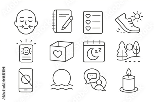 Mental Wellness Icons. Line style icons of mental wellness activities: breathing exercise icon, journaling notebook, gratitude